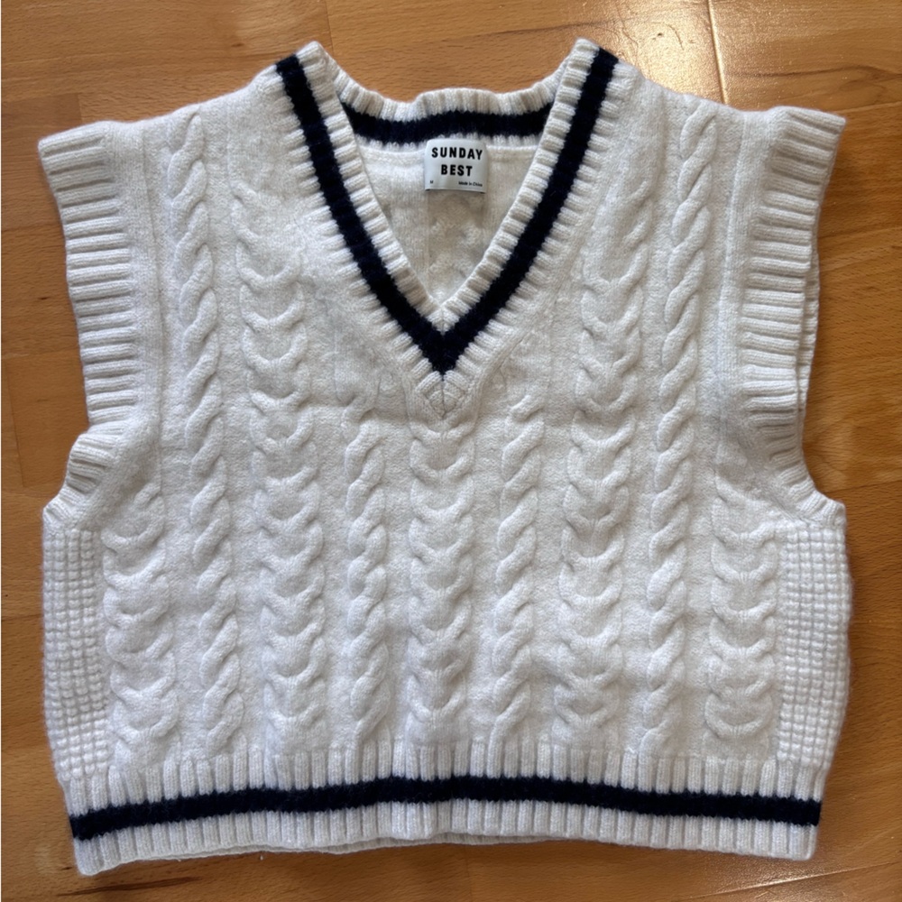 Sunday Best White V-Neck Cable Knit Sweater Vest